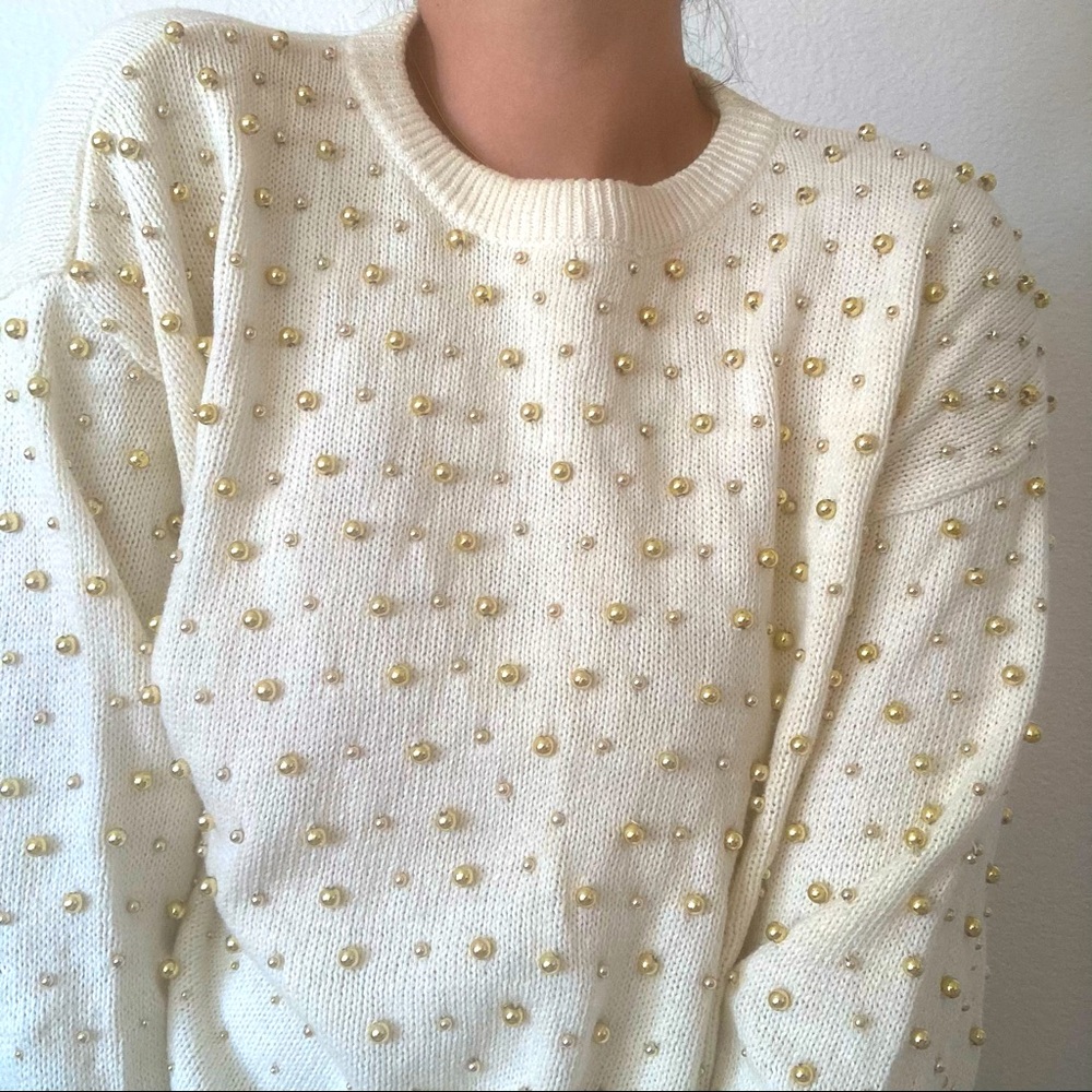Vintage Cream Gold Beaded Grandma Granny Sweater